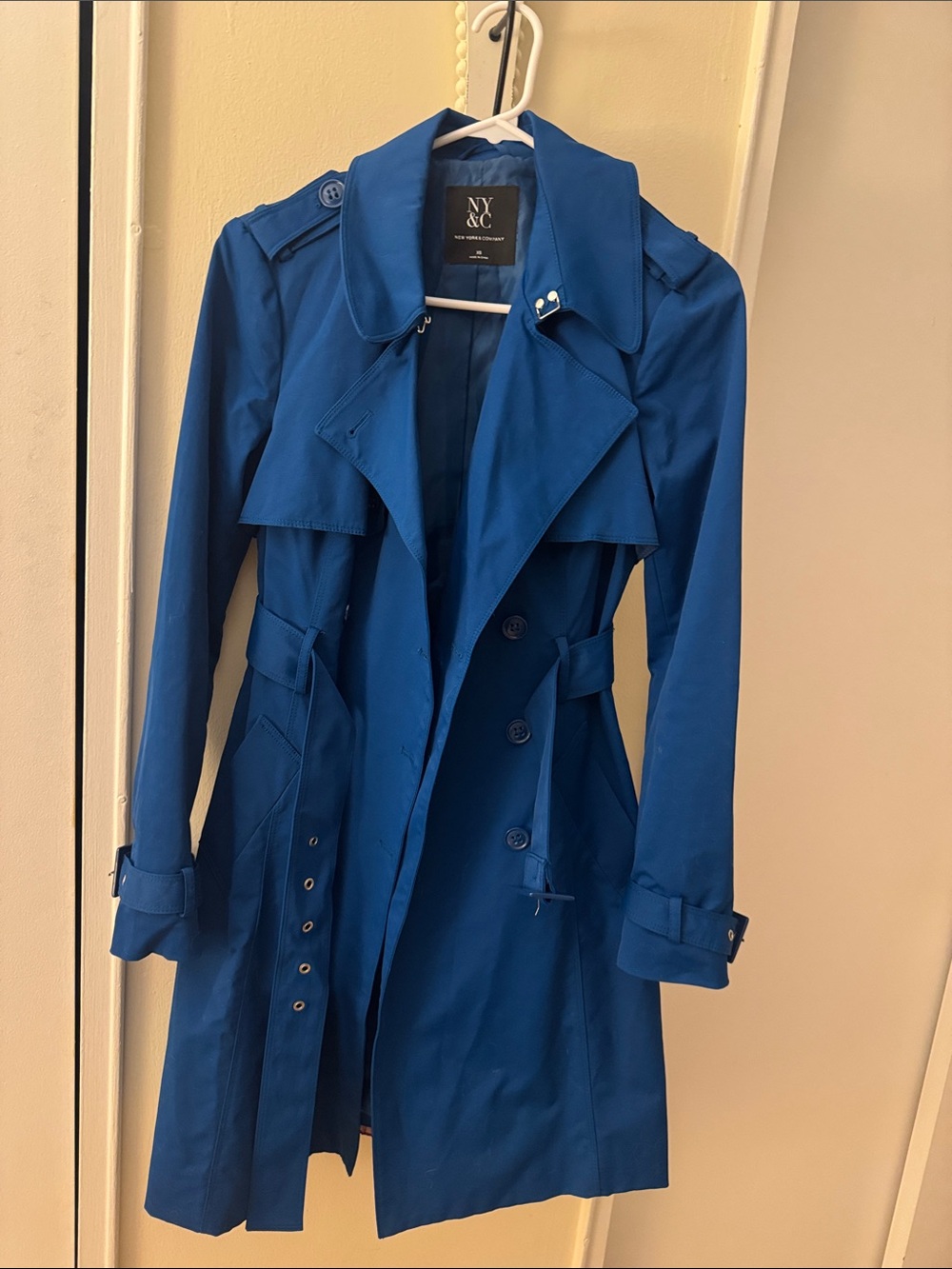 New York & Company Royal Blue Double-Breasted Trench Coat
